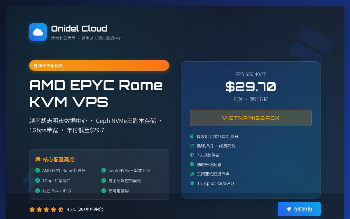 Onidel 推出越南胡志明市 AMD EPYC VPS,NVMe三副本存储/五折促销,年付低至$29.7优惠促销主机格调 Onidel 推出越南胡志明市 AMD EPYC VPS,NVMe三副本存储/五折促销,年付低至$29.7优惠促销主机格调