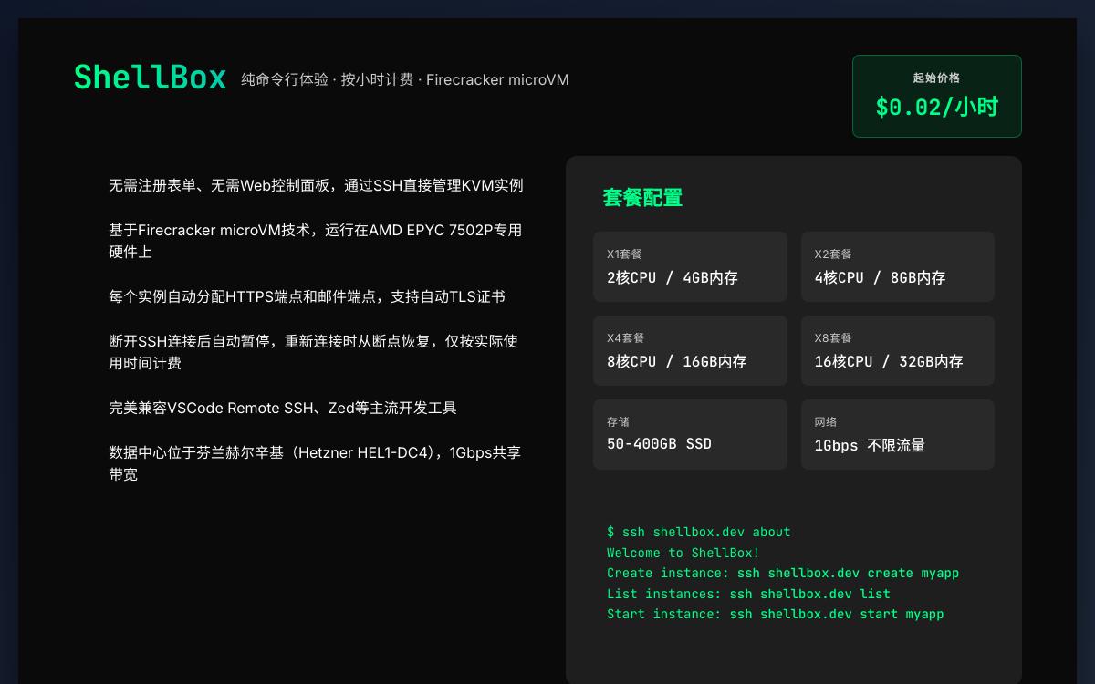 ShellBox 推出Firecracker架构按小时计费VPS,芬兰赫尔辛基机房,SSH原生无面板体验,$0.02/小时起优惠促销主机格调 ShellBox 推出Firecracker架构按小时计费VPS,芬兰赫尔辛基机房,SSH原生无面板体验,$0.02/小时起优惠促销主机格调