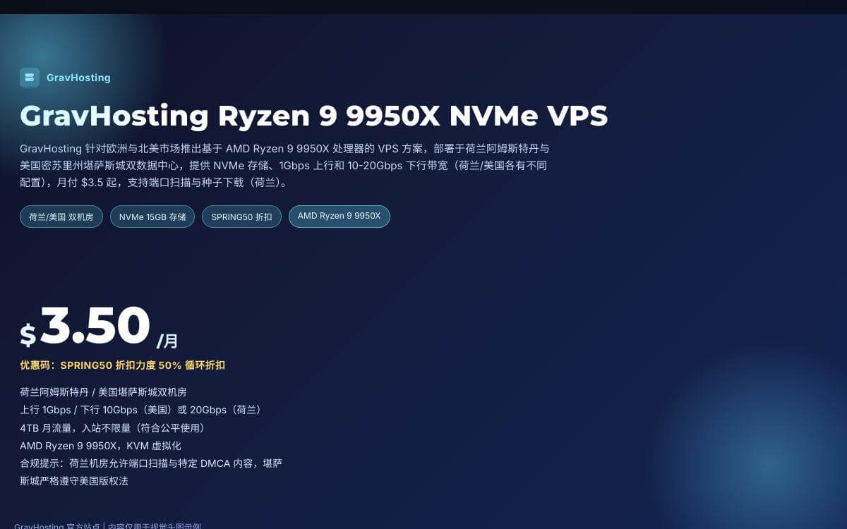 GravHosting 推出春季促销五折,AMD Ryzen 9950X处理器/荷兰阿姆斯特丹和美国堪萨斯城双机房,月付$3.5起优惠促销主机格调 GravHosting 推出春季促销五折,AMD Ryzen 9950X处理器/荷兰阿姆斯特丹和美国堪萨斯城双机房,月付$3.5起优惠促销主机格调