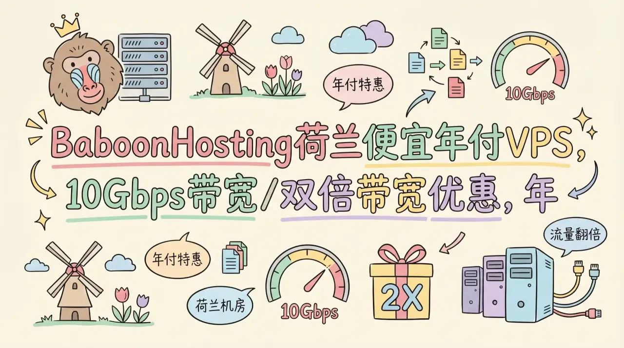 BaboonHosting荷兰便宜年付VPS，10Gbps带宽/双倍带宽优惠，年付€7起；DA不限制流量虚拟主机，80GB大容量年付€10优惠促销主机格调