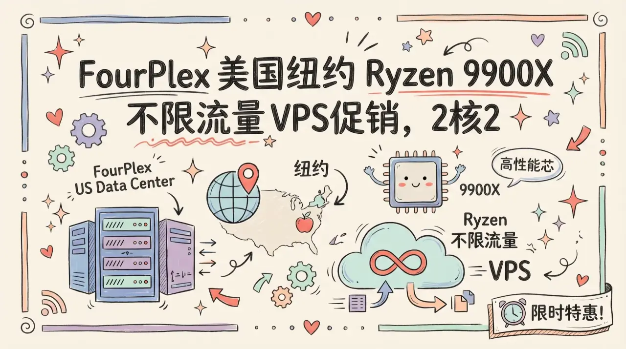 FourPlex 美国纽约 Ryzen 9900X 不限流量 VPS促销，2核2G/10Gbps不限流量，$3.5月起优惠促销主机格调