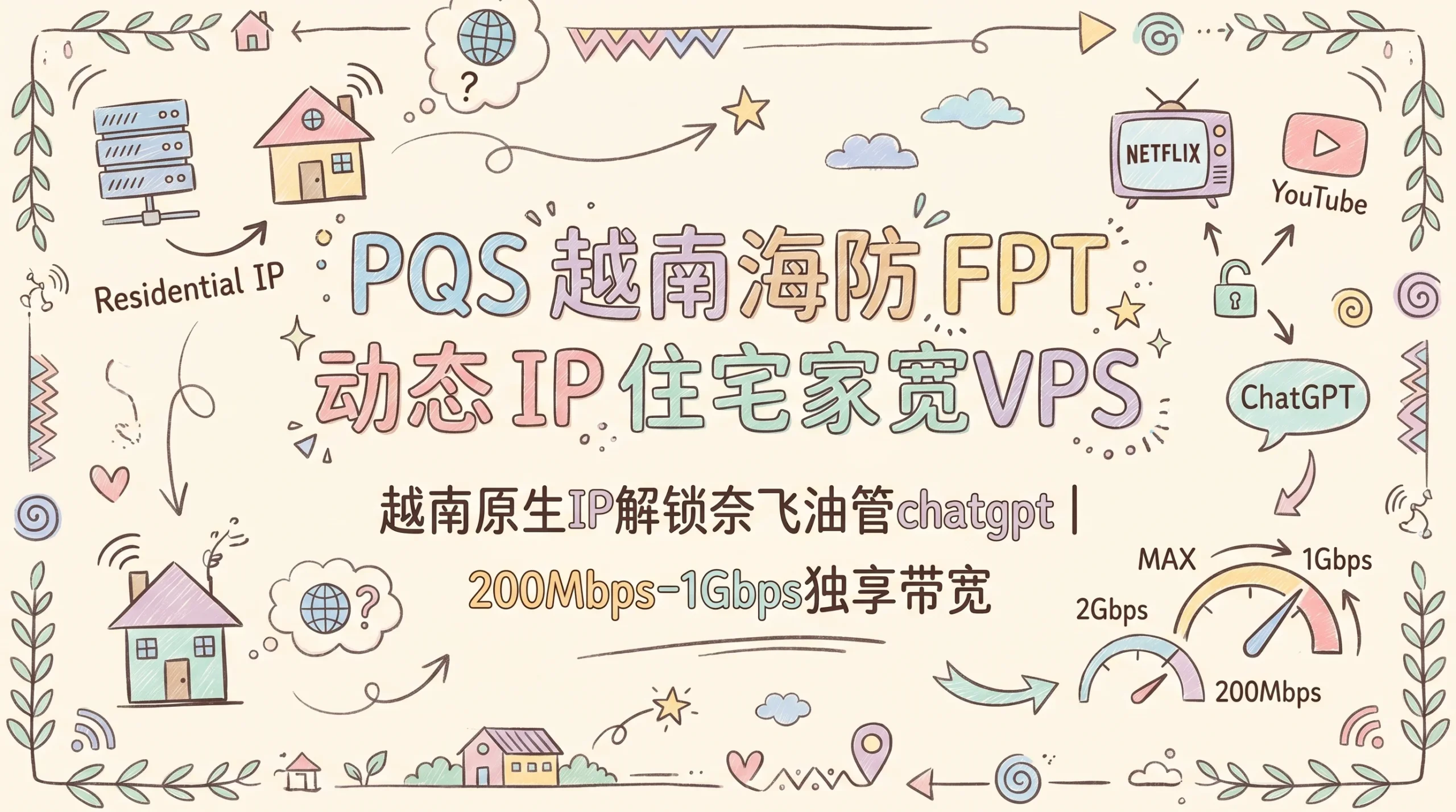 PQS 越南海防 FPT 动态 IP 住宅家宽VPS 促销，越南原生IP解锁越南奈飞油管chatgpt等、200Mbps-1Gbps 独享带宽不限流量，400元/月起优惠促销主机格调