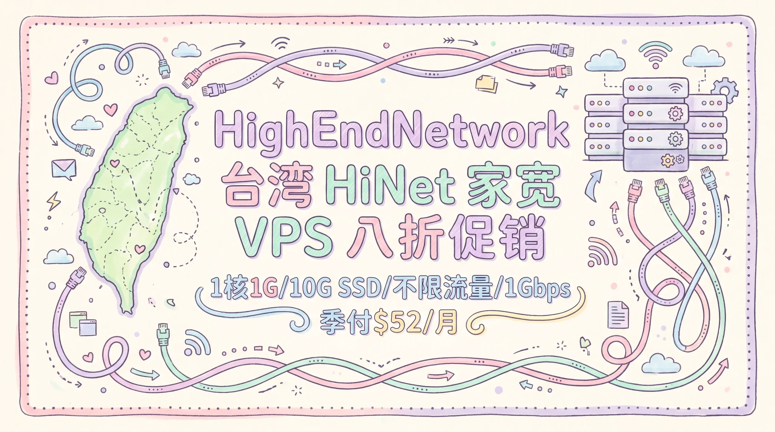 HighEndNetwork 台湾 HiNet 家宽 VPS 八折促销，1核1G/10G SSD/不限流量/1Gbps，季付 $52/月起优惠促销主机格调