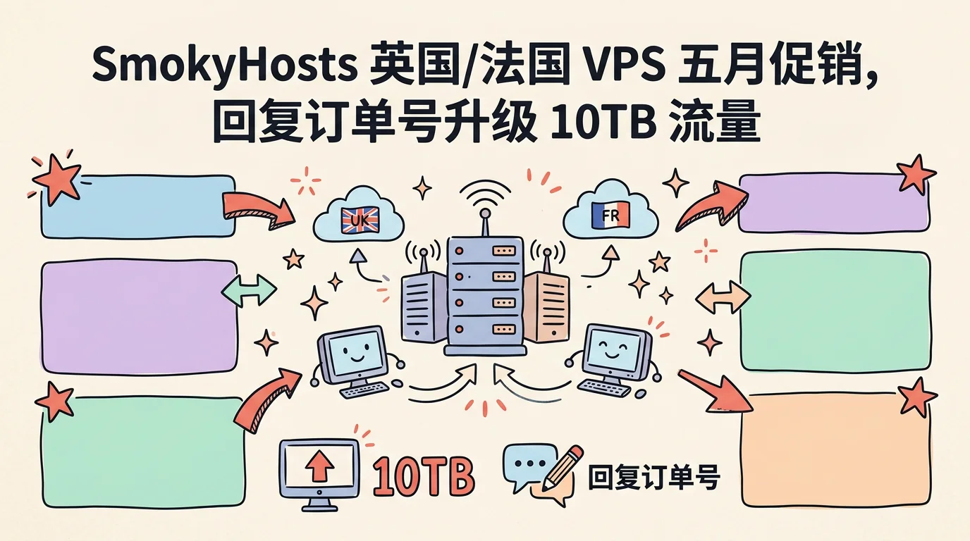 SmokyHosts 英国/法国 VPS 五月促销，回复订单号升级 10TB 流量或不限流量，年付 $66.96 起优惠促销主机格调