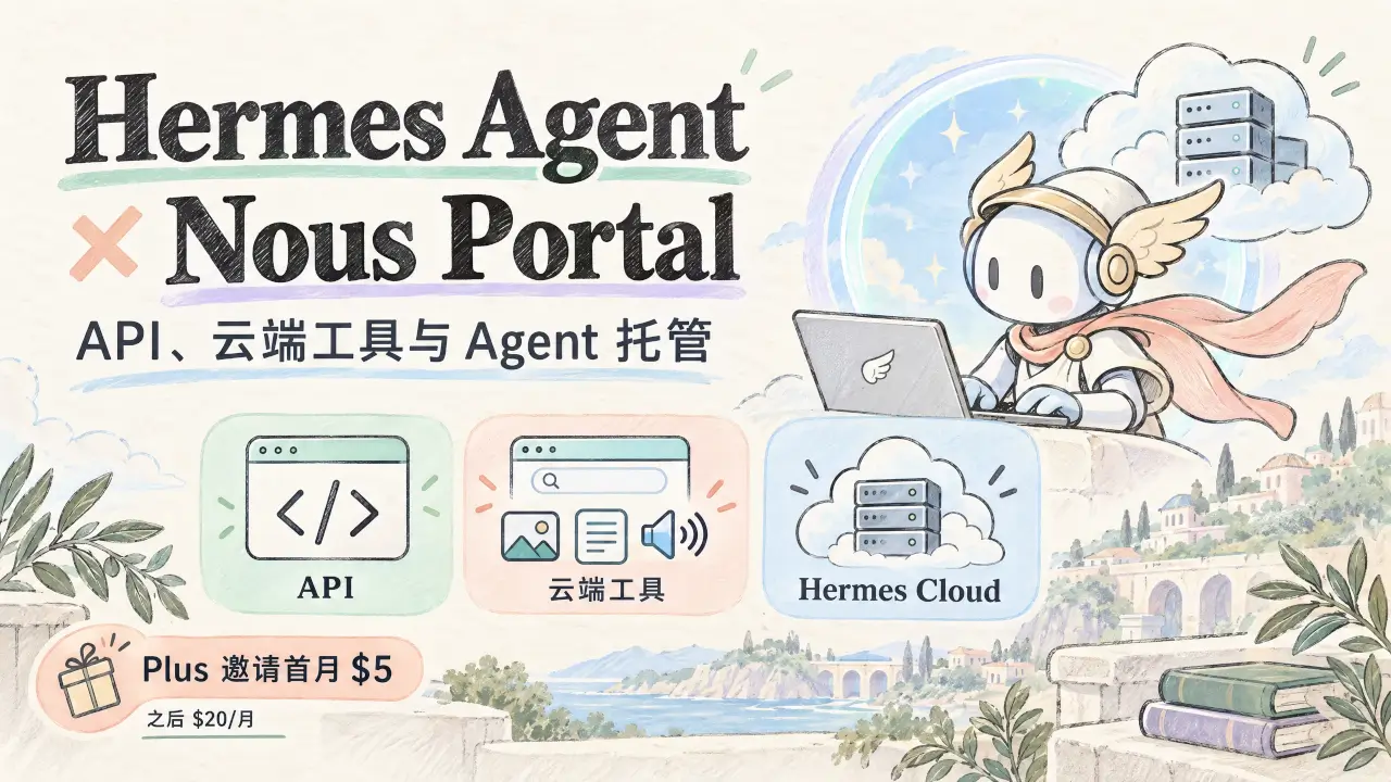 Hermes Agent 搭配 Nous Portal，API、云端工具与 Hermes Cloud 托管，Plus 邀请首月 5 美元